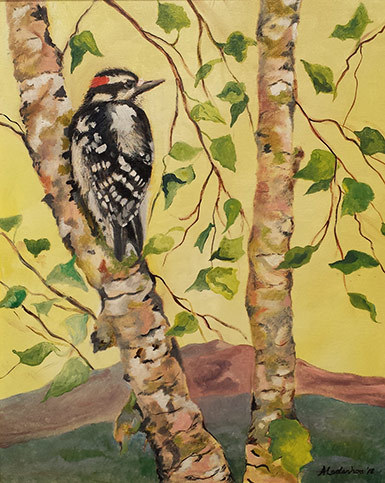 Painting of bird on a birch tree with Mount Kearsarge in the background. 