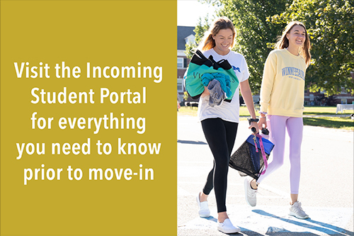 Colby-Sawyer College students moving onto campus. Text reads "Visit the Incoming Student Portal 
for everything you need to know prior to move-in."